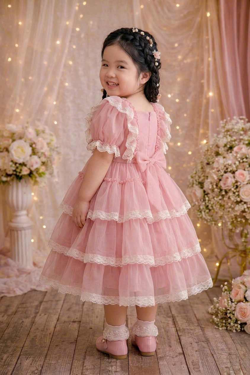 Blush Pink Lace Ruffle Girl Dress | Vintage Tiered Tulle Party Dress | Flower Girl & Birthday Dress (3–6 Years)