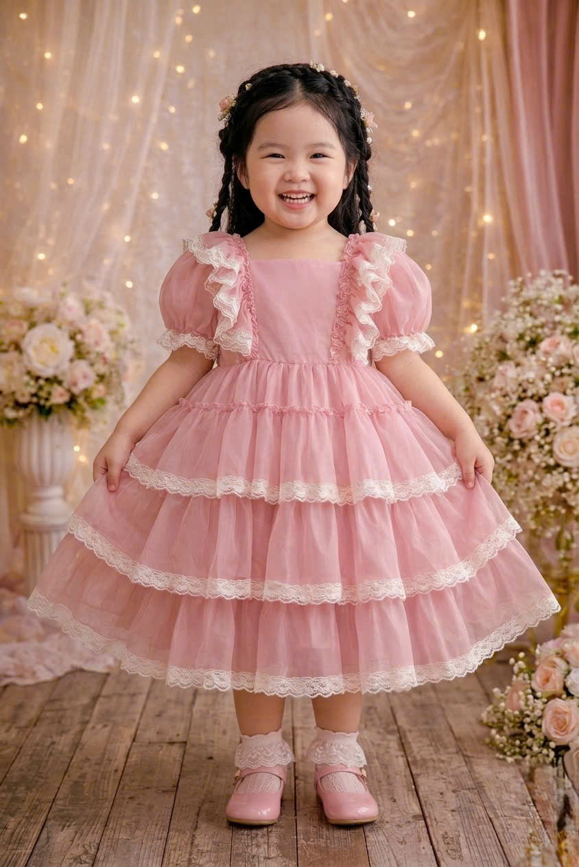 Blush Pink Lace Ruffle Girl Dress | Vintage Tiered Tulle Party Dress | Flower Girl & Birthday Dress (3–6 Years)
