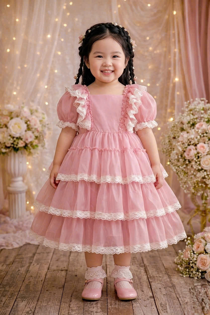 Blush Pink Lace Ruffle Girl Dress | Vintage Tiered Tulle Party Dress | Flower Girl & Birthday Dress (3–6 Years)