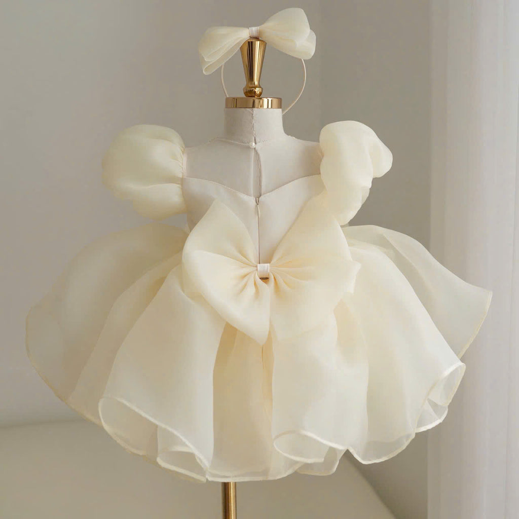 Puff Sleeve Flower Girl Dress – Luxury Baby Birthday Dress, Ivory and White, Tulle Bow Party Dress, Wedding & Special Occasion Outfit (1–6Y)