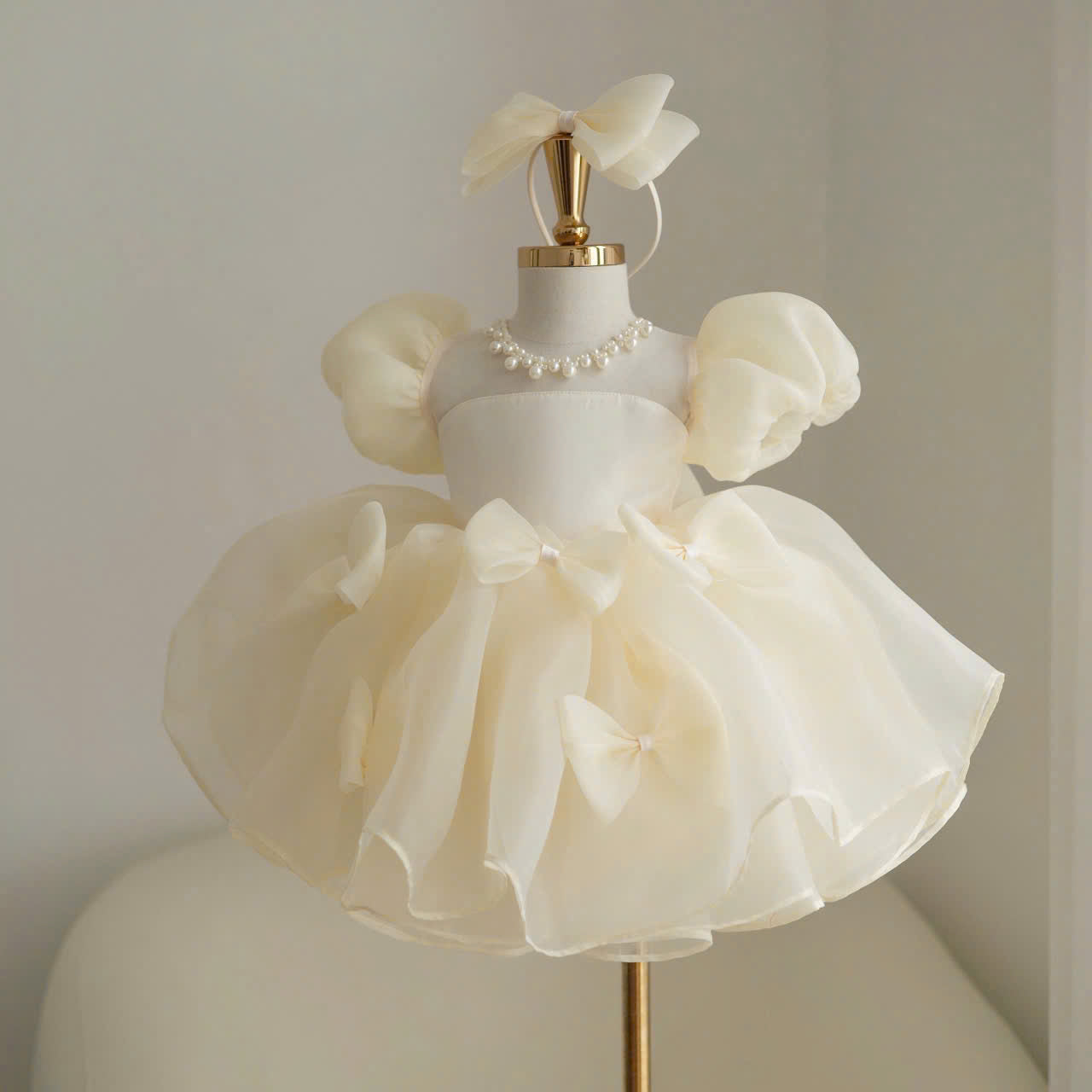 Puff Sleeve Flower Girl Dress – Luxury Baby Birthday Dress, Ivory and White, Tulle Bow Party Dress, Wedding & Special Occasion Outfit (1–6Y)