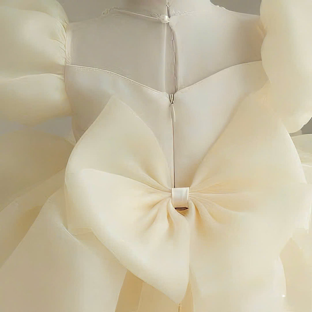 Puff Sleeve Flower Girl Dress – Luxury Baby Birthday Dress, Ivory and White, Tulle Bow Party Dress, Wedding & Special Occasion Outfit (1–6Y)