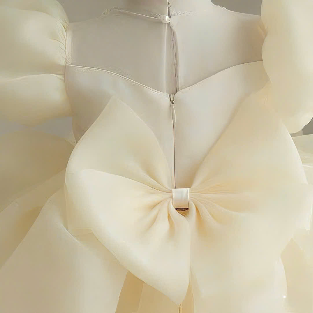Puff Sleeve Flower Girl Dress – Luxury Baby Birthday Dress, Ivory and White, Tulle Bow Party Dress, Wedding & Special Occasion Outfit (1–6Y)