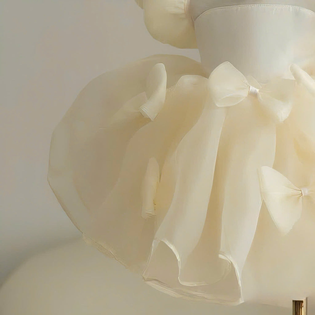 Puff Sleeve Flower Girl Dress – Luxury Baby Birthday Dress, Ivory and White, Tulle Bow Party Dress, Wedding & Special Occasion Outfit (1–6Y)
