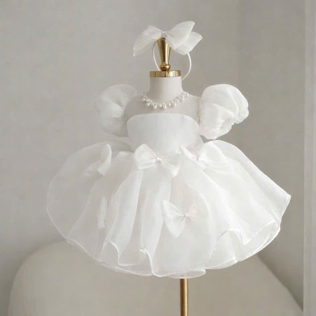 Puff Sleeve Flower Girl Dress – Luxury Baby Birthday Dress, Ivory and White, Tulle Bow Party Dress, Wedding & Special Occasion Outfit (1–6Y)