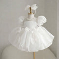Puff Sleeve Flower Girl Dress – Luxury Baby Birthday Dress, Ivory and White, Tulle Bow Party Dress, Wedding & Special Occasion Outfit (1–6Y)