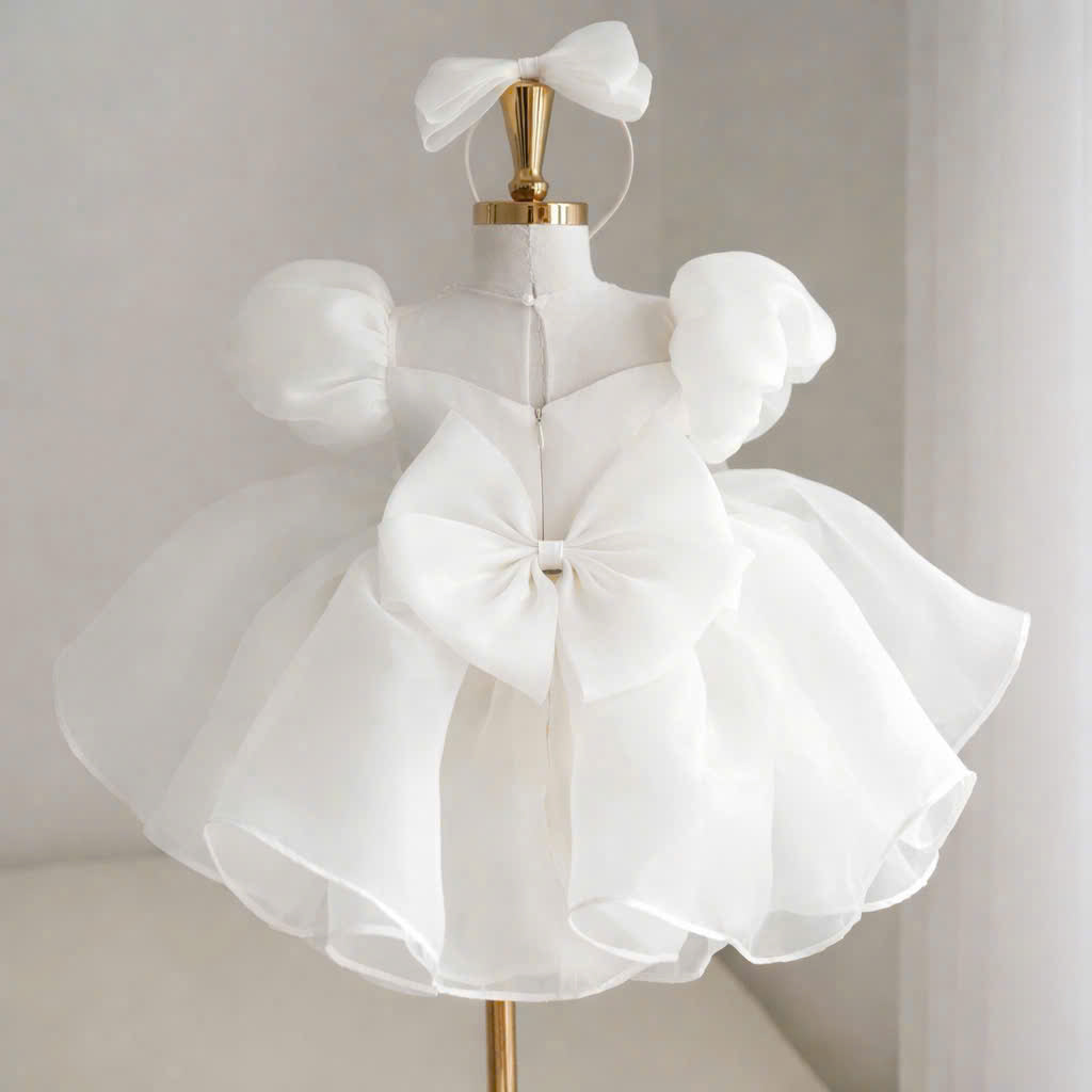 Puff Sleeve Flower Girl Dress – Luxury Baby Birthday Dress, Ivory and White, Tulle Bow Party Dress, Wedding & Special Occasion Outfit (1–6Y)