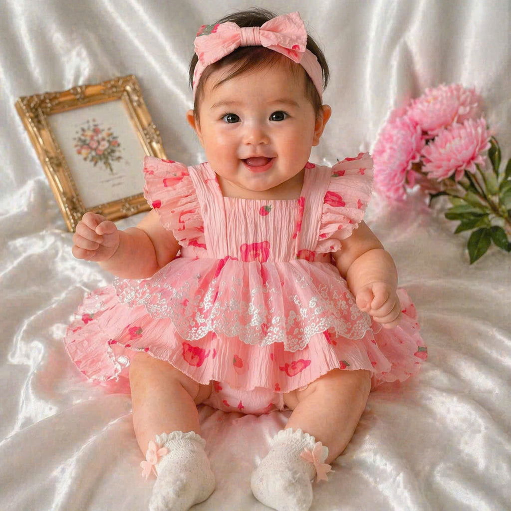 Sweet Strawberry Dreams Romper Set NB-2Y | Strawberry Baby Outfit with Bonnet | Everyday & Photoshoot Outfit