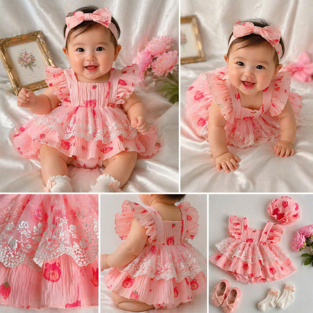 Sweet Strawberry Dreams Romper Set NB-2Y | Strawberry Baby Outfit with Bonnet | Everyday & Photoshoot Outfit