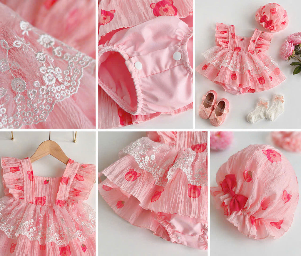Sweet Strawberry Dreams Romper Set NB-2Y | Strawberry Baby Outfit with Bonnet | Everyday & Photoshoot Outfit