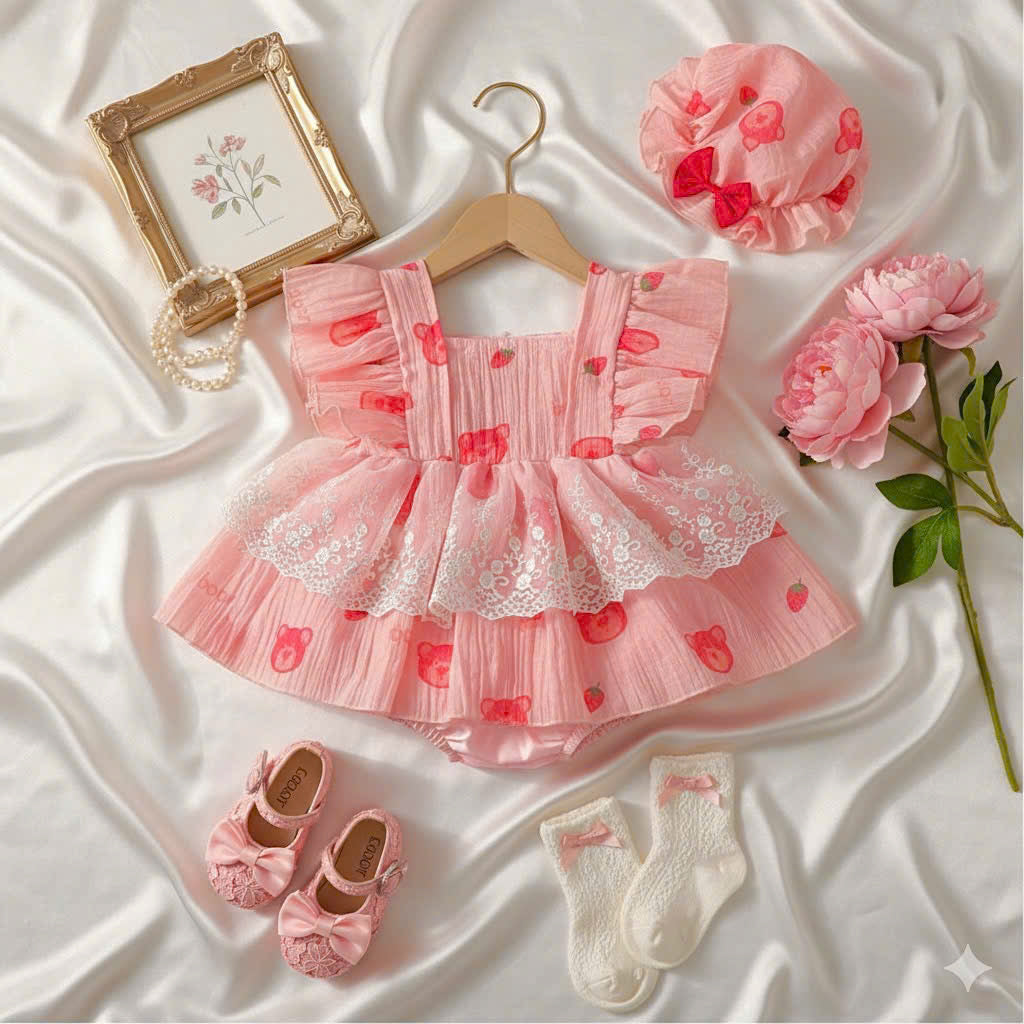 Sweet Strawberry Dreams Romper Set NB-2Y | Strawberry Baby Outfit with Bonnet | Everyday & Photoshoot Outfit