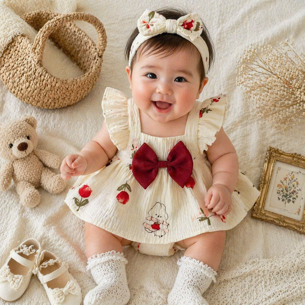 Sweet Tulip Bunny Baby Romper Dress 3M-2Y | Floral Bunny Baby Outfit with Hair Bow | Everyday & Photoshoot Outfit