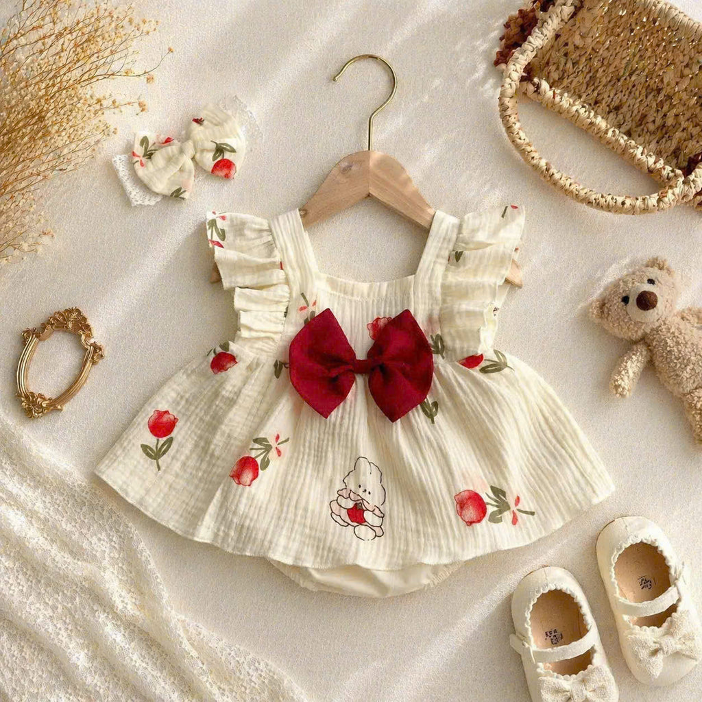 Sweet Tulip Bunny Baby Romper Dress 3M-2Y | Floral Bunny Baby Outfit with Hair Bow | Everyday & Photoshoot Outfit