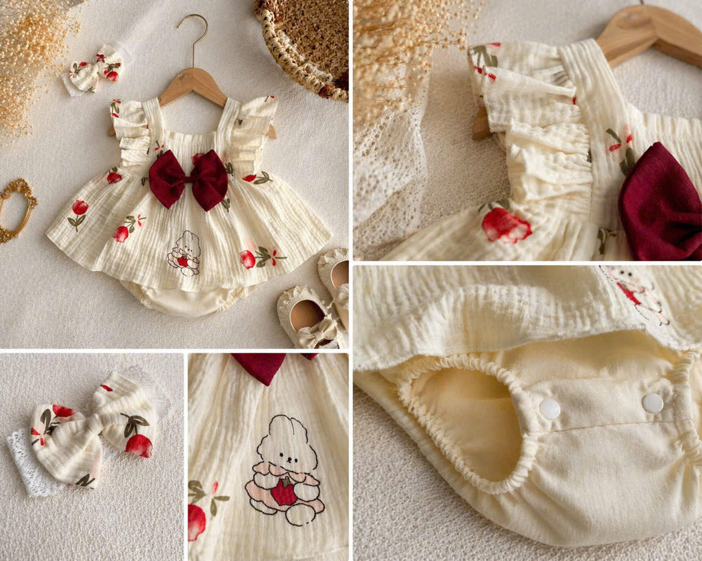 Sweet Tulip Bunny Baby Romper Dress 3M-2Y | Floral Bunny Baby Outfit with Hair Bow | Everyday & Photoshoot Outfit