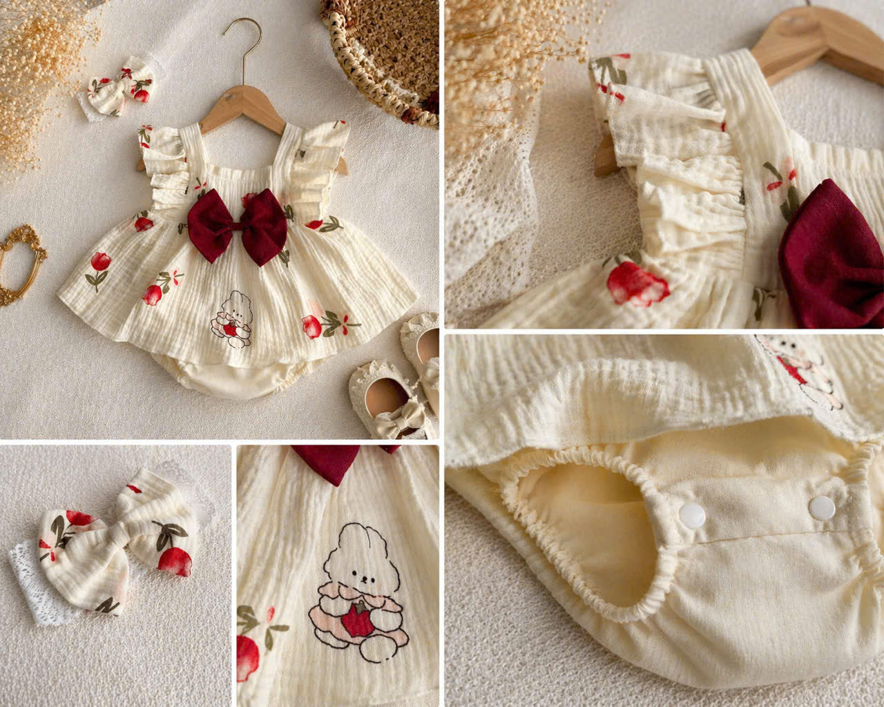 Sweet Tulip Bunny Baby Romper Dress 3M-2Y | Floral Bunny Baby Outfit with Hair Bow | Everyday & Photoshoot Outfit