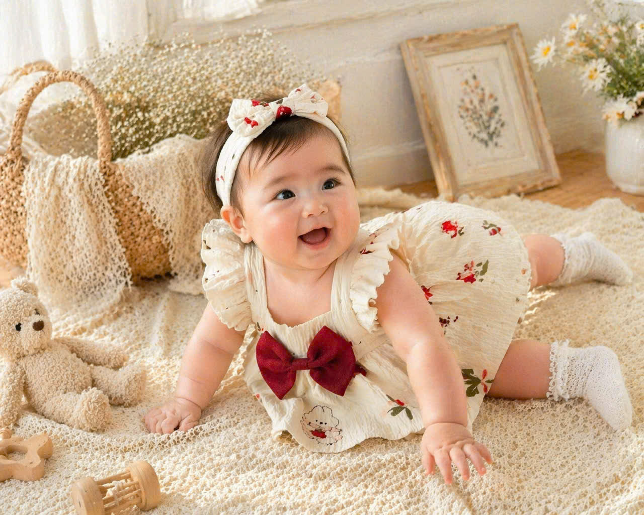 Sweet Tulip Bunny Baby Romper Dress 3M-2Y | Floral Bunny Baby Outfit with Hair Bow | Everyday & Photoshoot Outfit