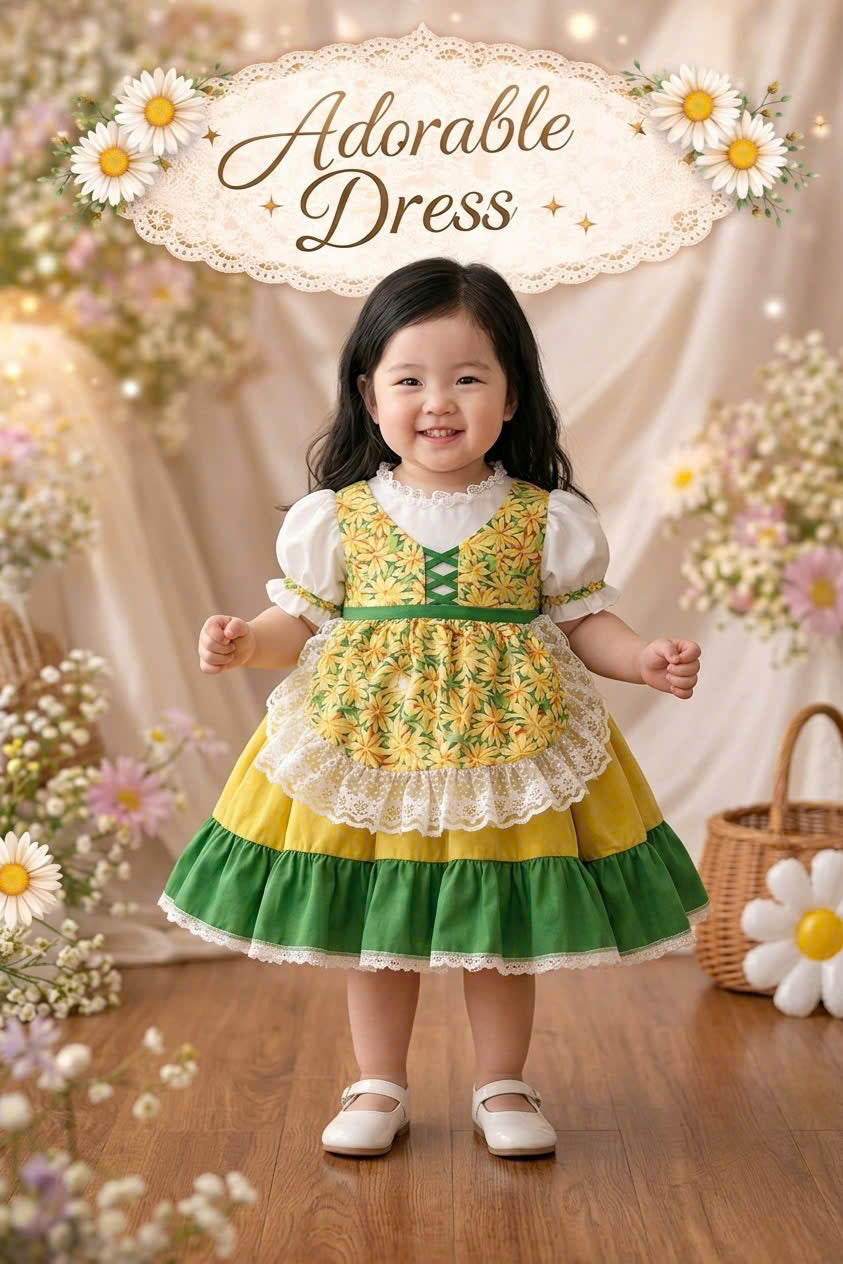 Sunshine Meadow Cottage Dress 1–6Y | Floral Apron Dress with Bonnet | Garden Party & Photoshoot Outfit