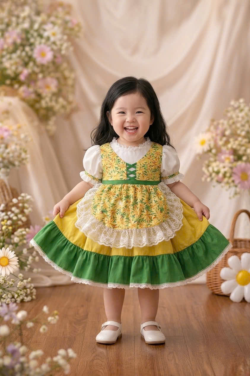 Sunshine Meadow Cottage Dress 1–6Y | Floral Apron Dress with Bonnet | Garden Party & Photoshoot Outfit
