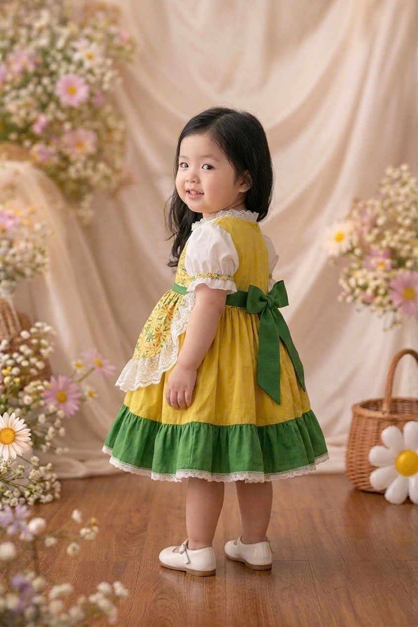 Sunshine Meadow Cottage Dress 1–6Y | Floral Apron Dress with Bonnet | Garden Party & Photoshoot Outfit