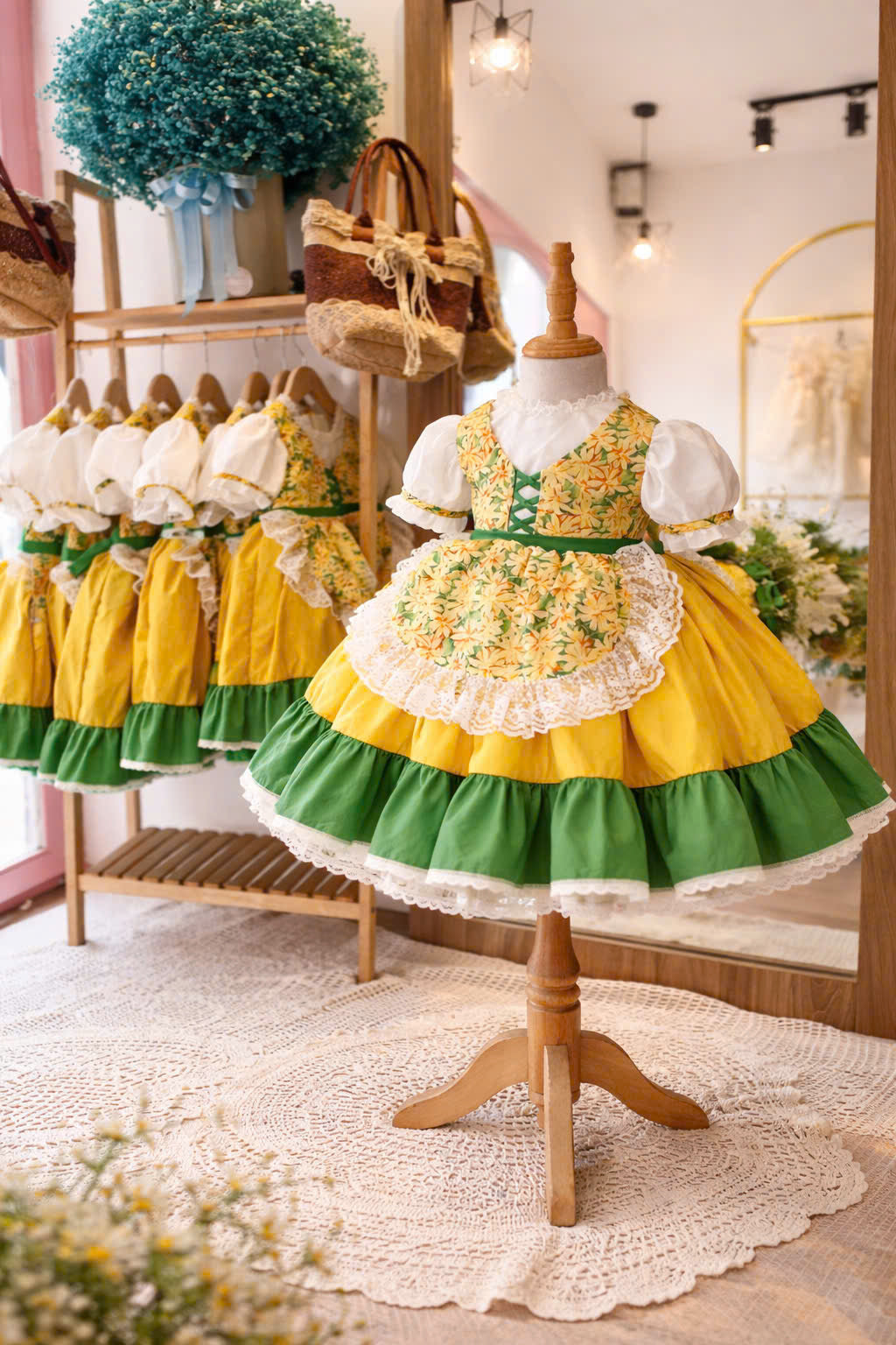 Sunshine Meadow Cottage Dress 1–6Y | Floral Apron Dress with Bonnet | Garden Party & Photoshoot Outfit