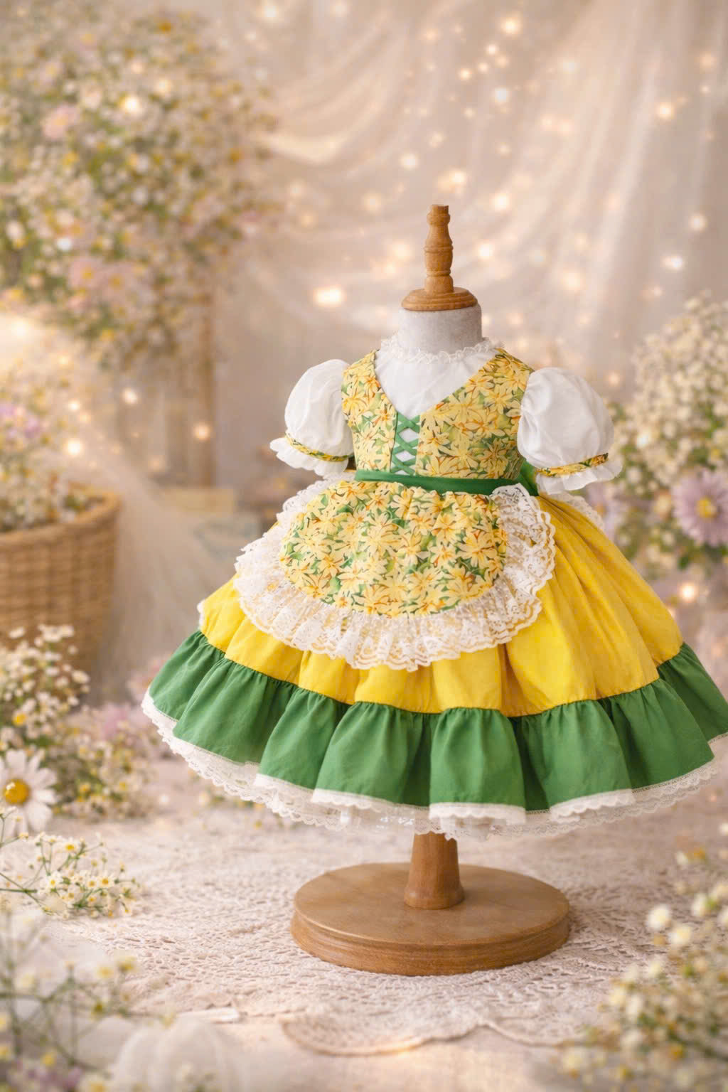 Sunshine Meadow Cottage Dress 1–6Y | Floral Apron Dress with Bonnet | Garden Party & Photoshoot Outfit