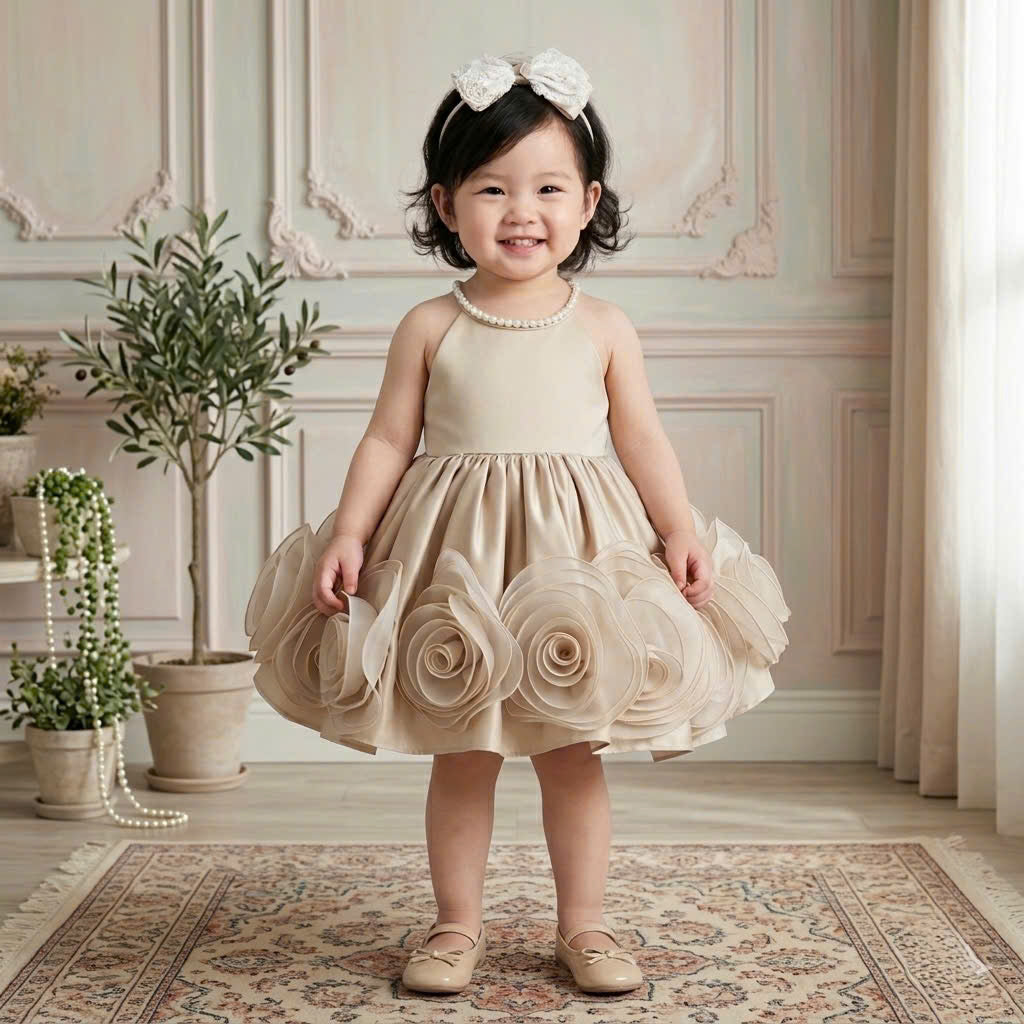 Champagne Rosette Pearl Dress 1–6Y | 3D Floral Tulle Princess Dress | Flower Girl & Birthday Outfit