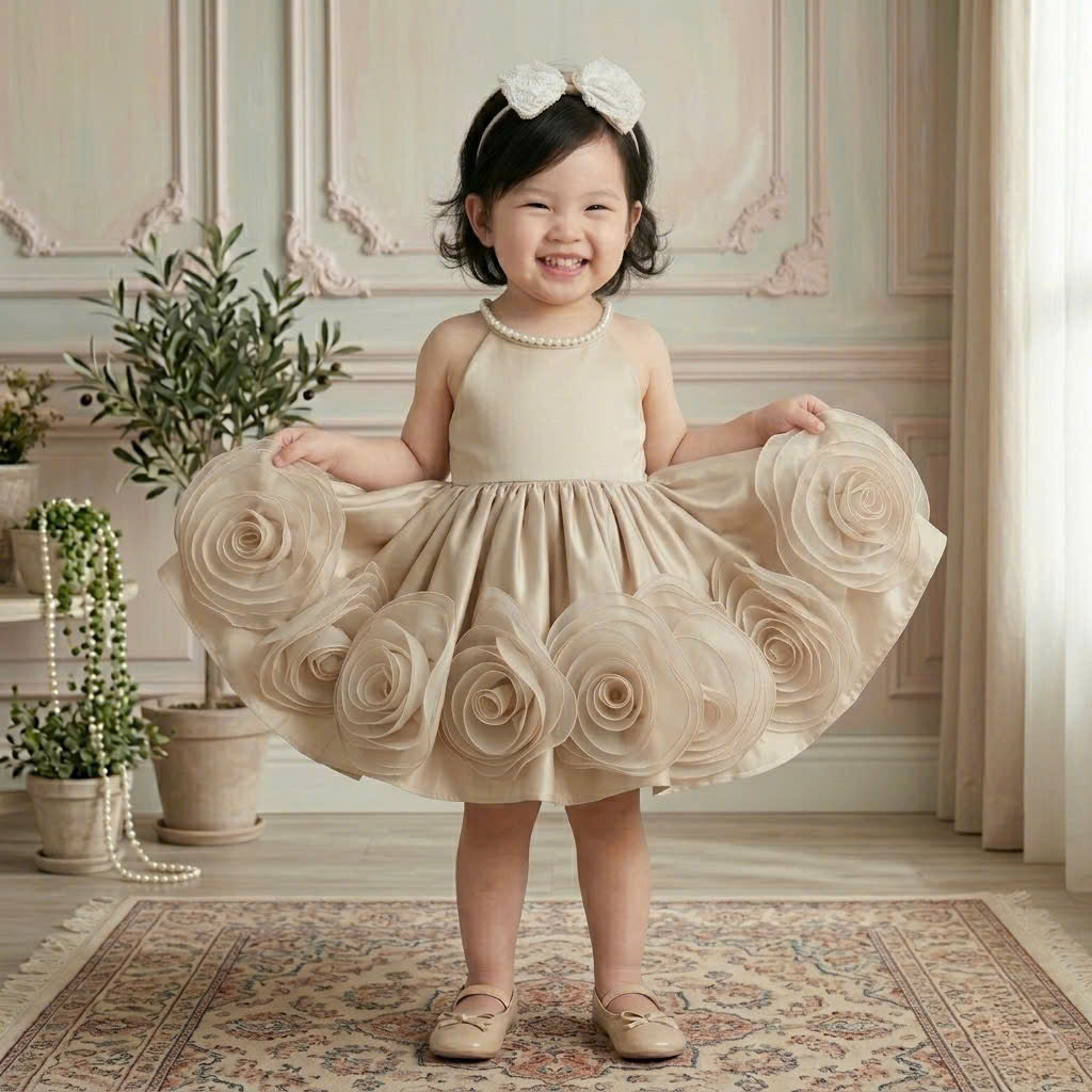 Champagne Rosette Pearl Dress 1–6Y | 3D Floral Tulle Princess Dress | Flower Girl & Birthday Outfit