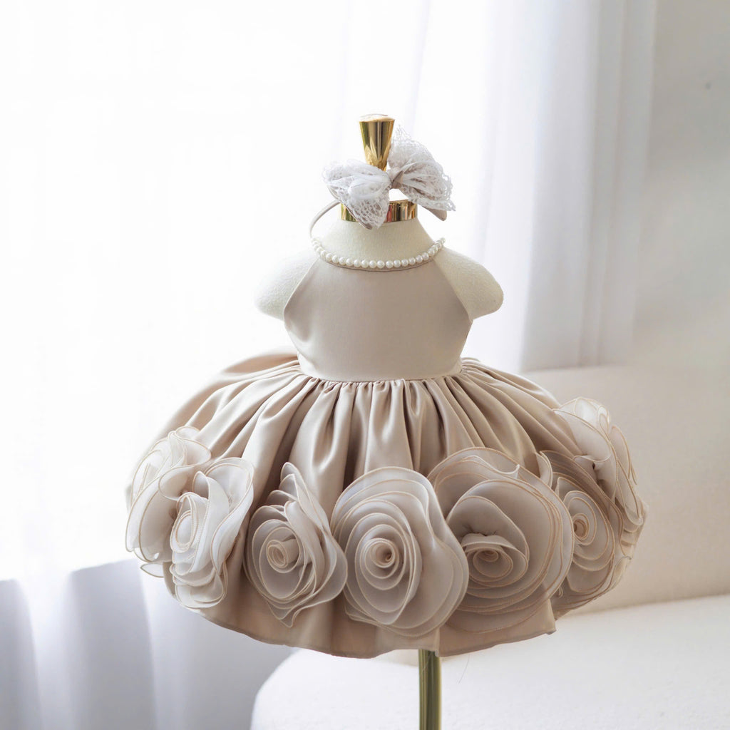 Champagne Rosette Pearl Dress 1–6Y | 3D Floral Tulle Princess Dress | Flower Girl & Birthday Outfit