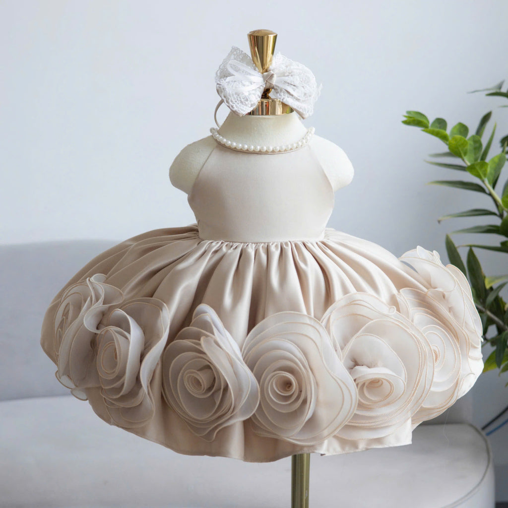 Champagne Rosette Pearl Dress 1–6Y | 3D Floral Tulle Princess Dress | Flower Girl & Birthday Outfit