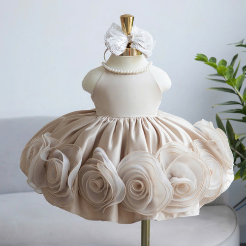 Champagne Rosette Pearl Dress 1–6Y | 3D Floral Tulle Princess Dress | Flower Girl & Birthday Outfit