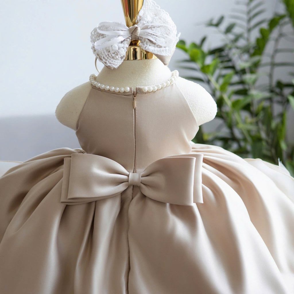 Champagne Rosette Pearl Dress 1–6Y | 3D Floral Tulle Princess Dress | Flower Girl & Birthday Outfit