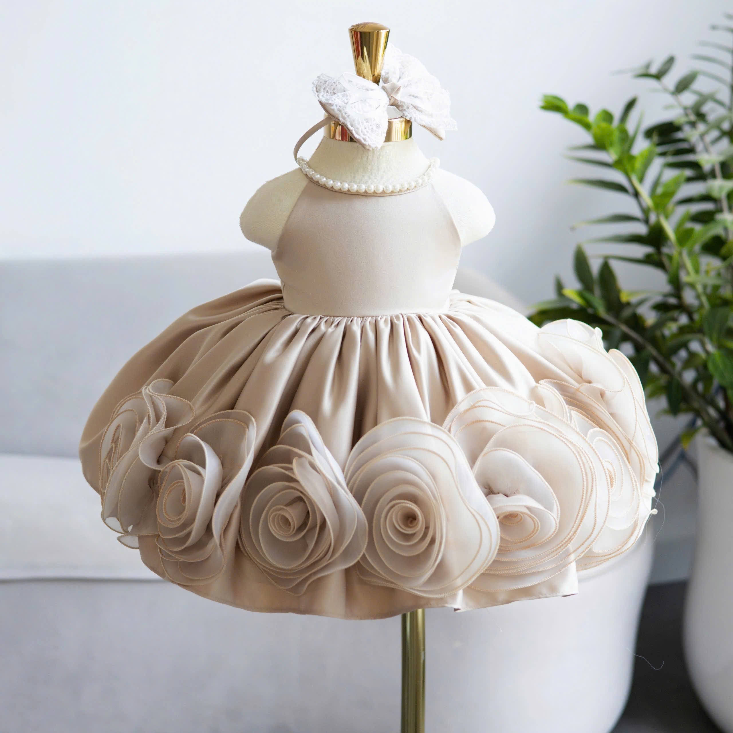 Champagne Rosette Pearl Dress 1–6Y | 3D Floral Tulle Princess Dress | Flower Girl & Birthday Outfit