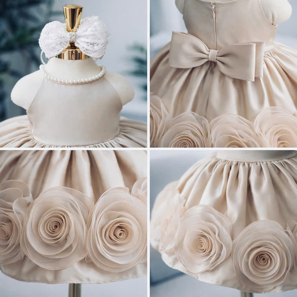 Champagne Rosette Pearl Dress 1–6Y | 3D Floral Tulle Princess Dress | Flower Girl & Birthday Outfit