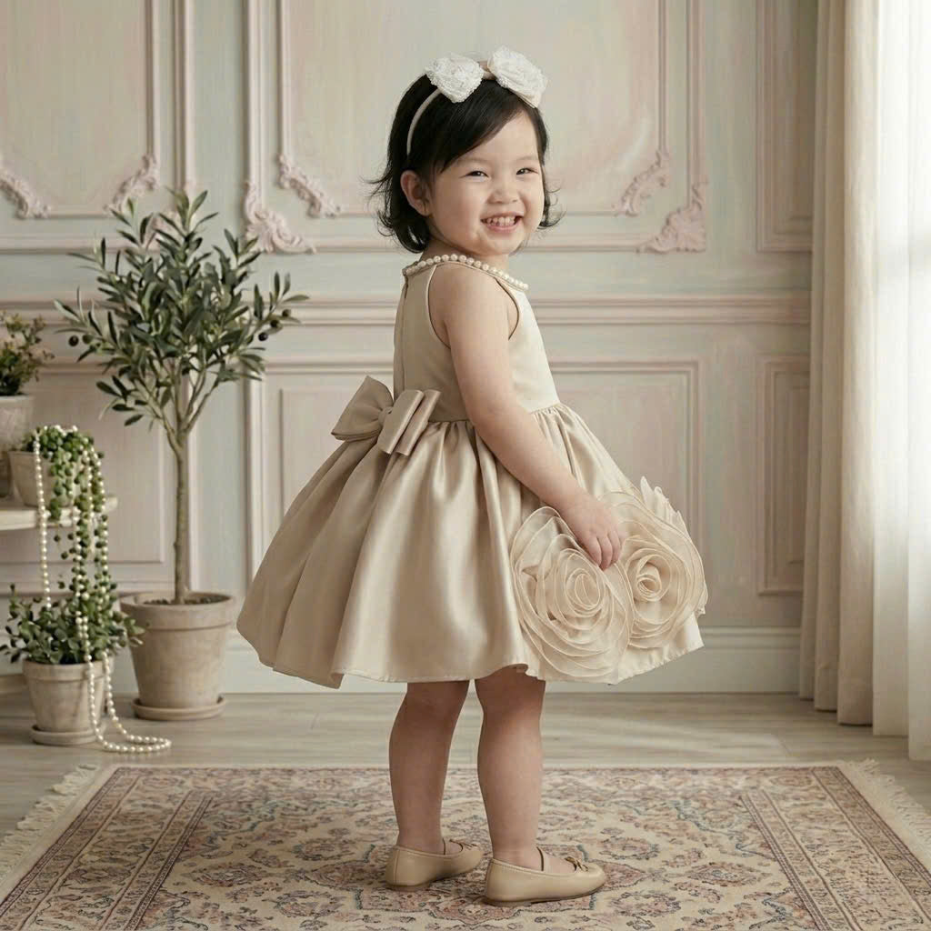 Champagne Rosette Pearl Dress 1–6Y | 3D Floral Tulle Princess Dress | Flower Girl & Birthday Outfit