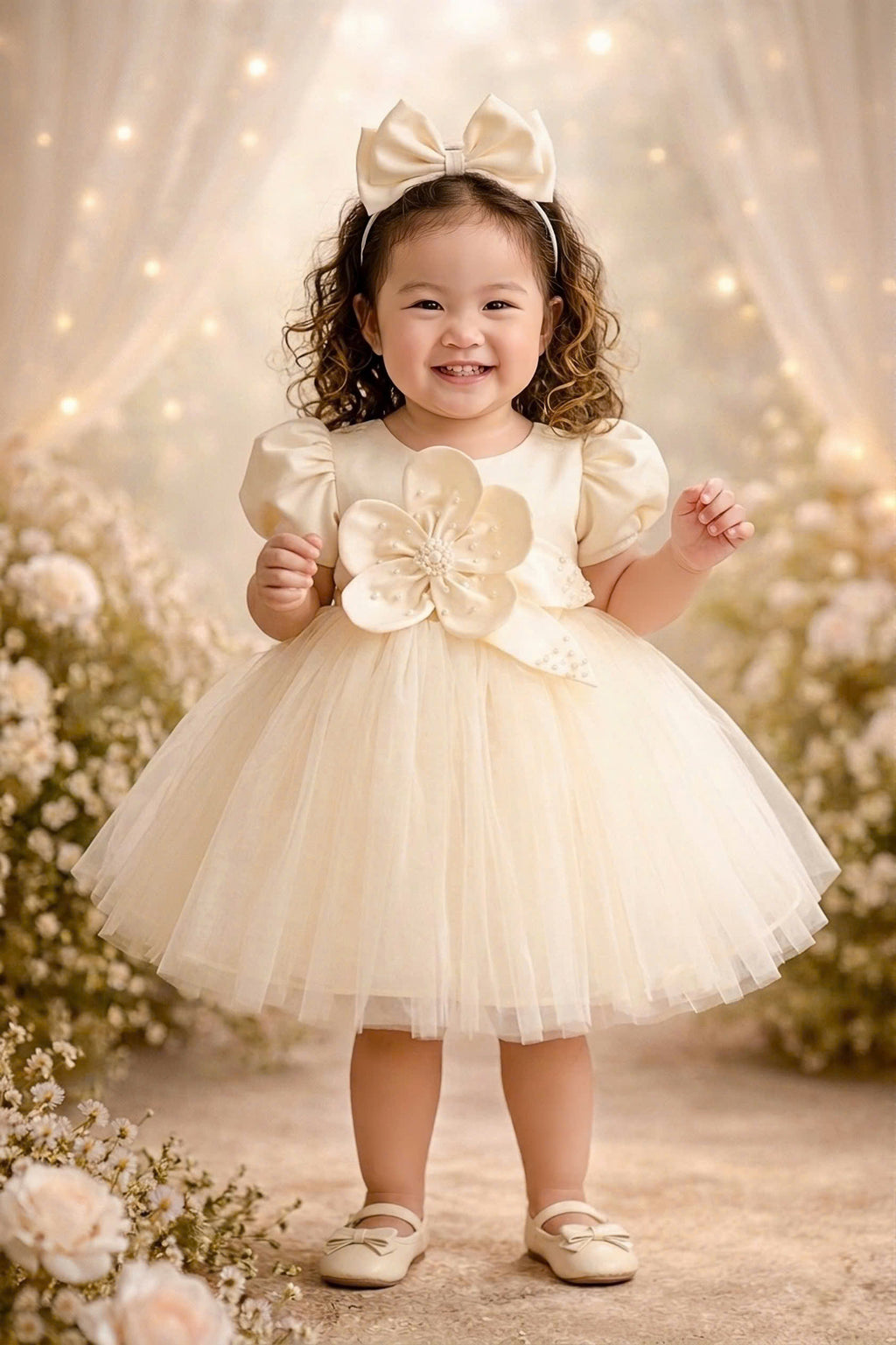 Blossom Pearl Princess Dress 1–6Y | 3D Floral Tulle Dress with Bow | Birthday & Flower Girl Outfit