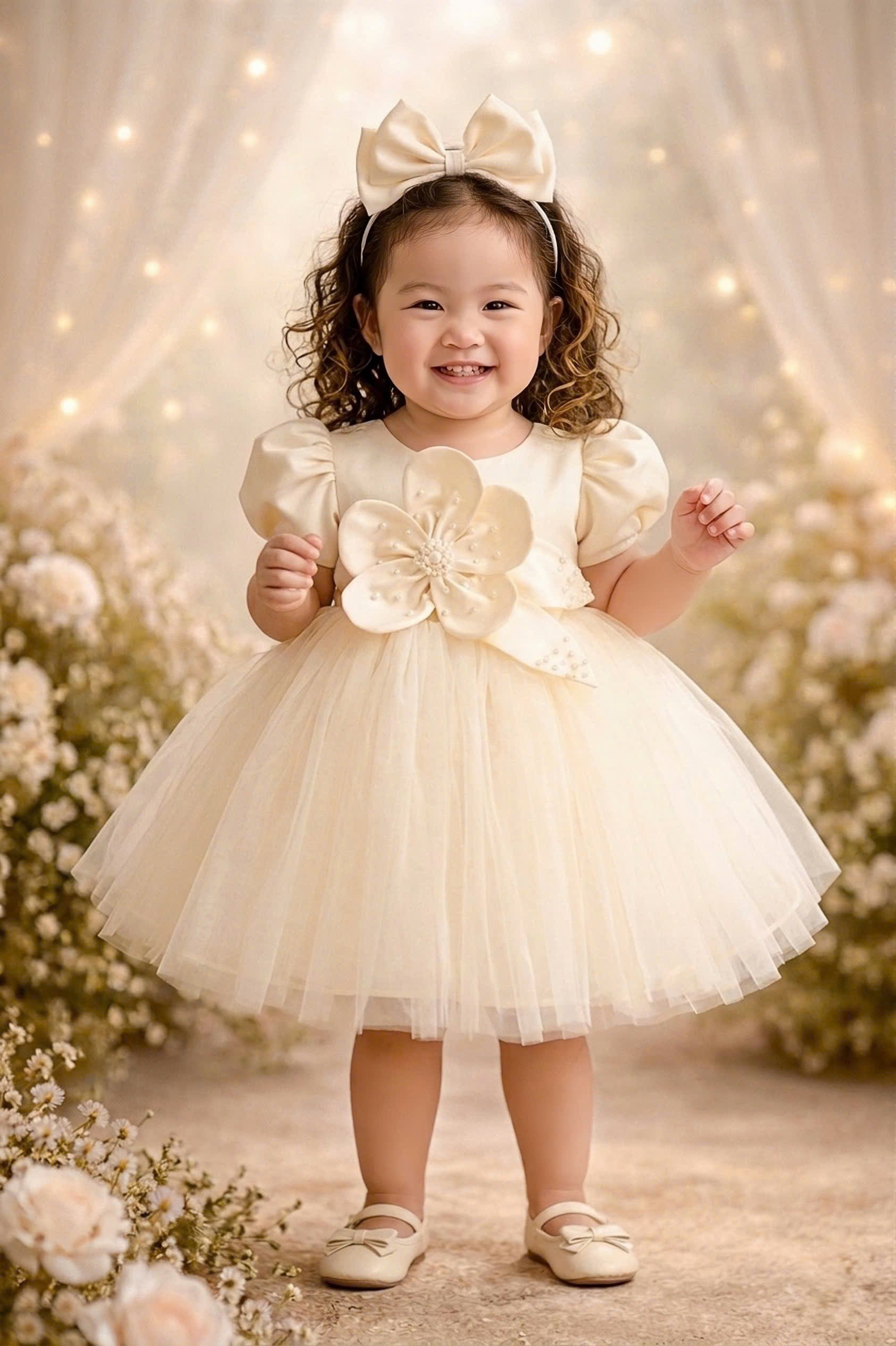 Blossom Pearl Princess Dress 1–6Y | 3D Floral Tulle Dress with Bow | Birthday & Flower Girl Outfit