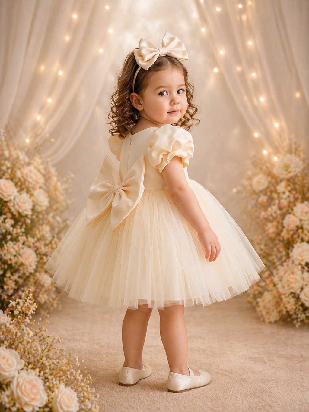 Blossom Pearl Princess Dress 1–6Y | 3D Floral Tulle Dress with Bow | Birthday & Flower Girl Outfit