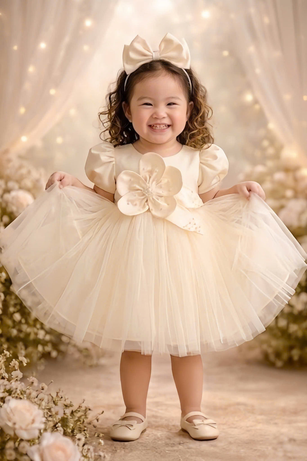 Blossom Pearl Princess Dress 1–6Y | 3D Floral Tulle Dress with Bow | Birthday & Flower Girl Outfit
