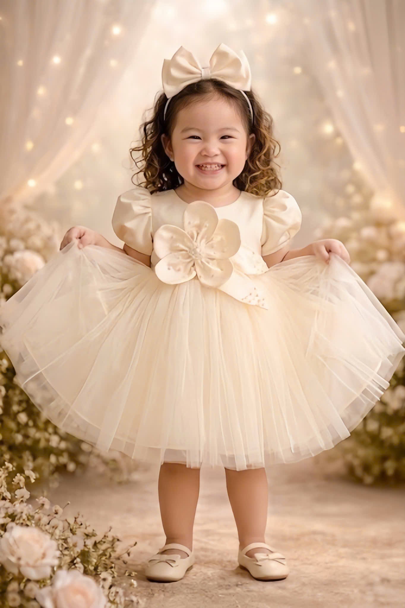 Blossom Pearl Princess Dress 1–6Y | 3D Floral Tulle Dress with Bow | Birthday & Flower Girl Outfit