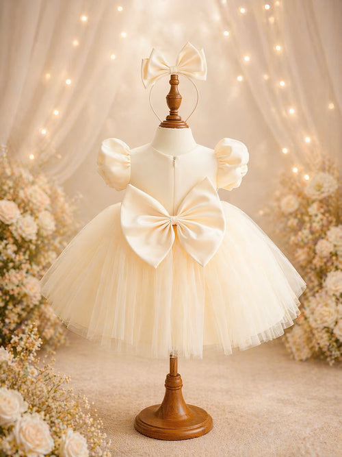 Blossom Pearl Princess Dress 1–6Y | 3D Floral Tulle Dress with Bow | Birthday & Flower Girl Outfit
