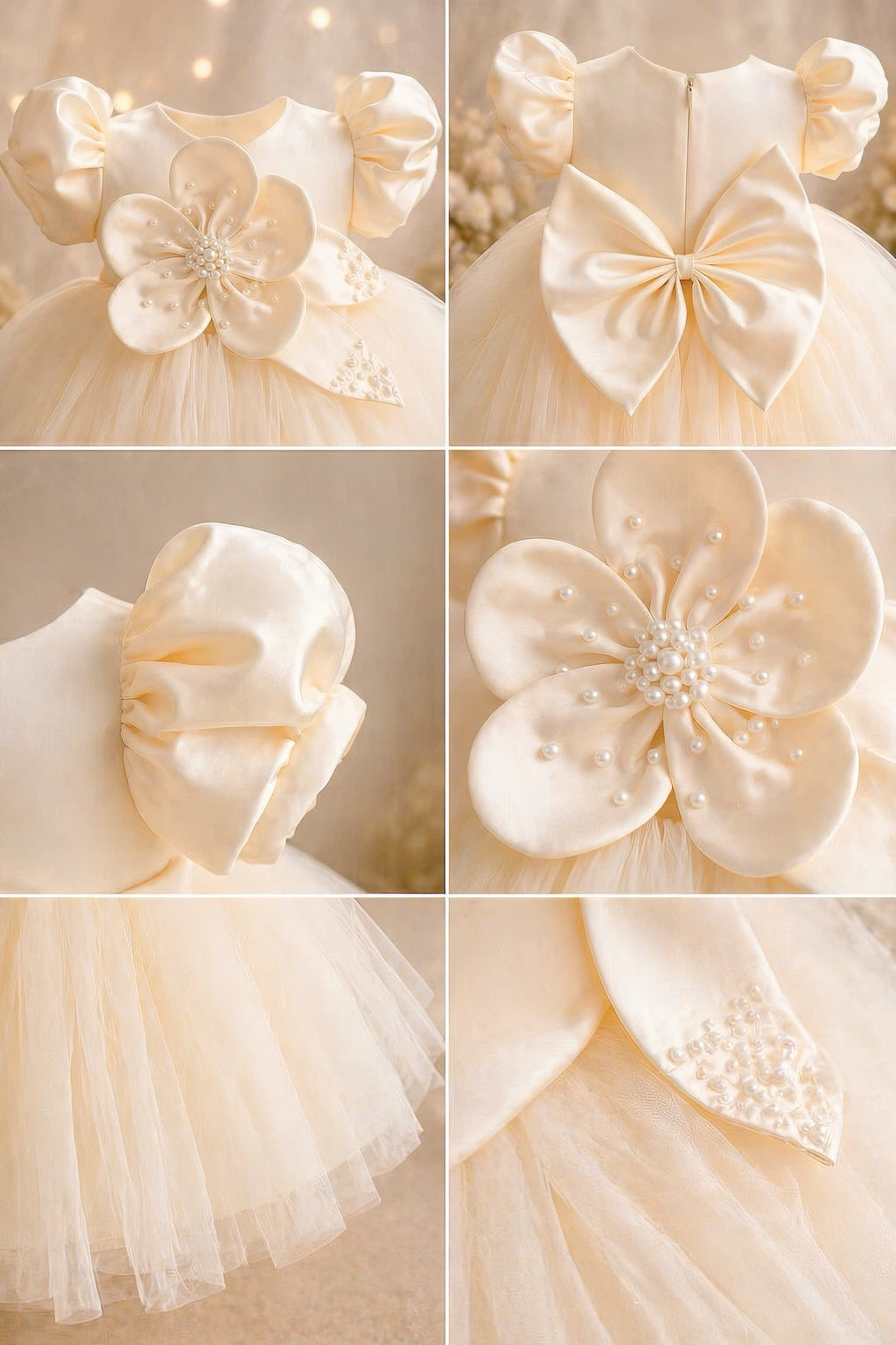 Blossom Pearl Princess Dress 1–6Y | 3D Floral Tulle Dress with Bow | Birthday & Flower Girl Outfit