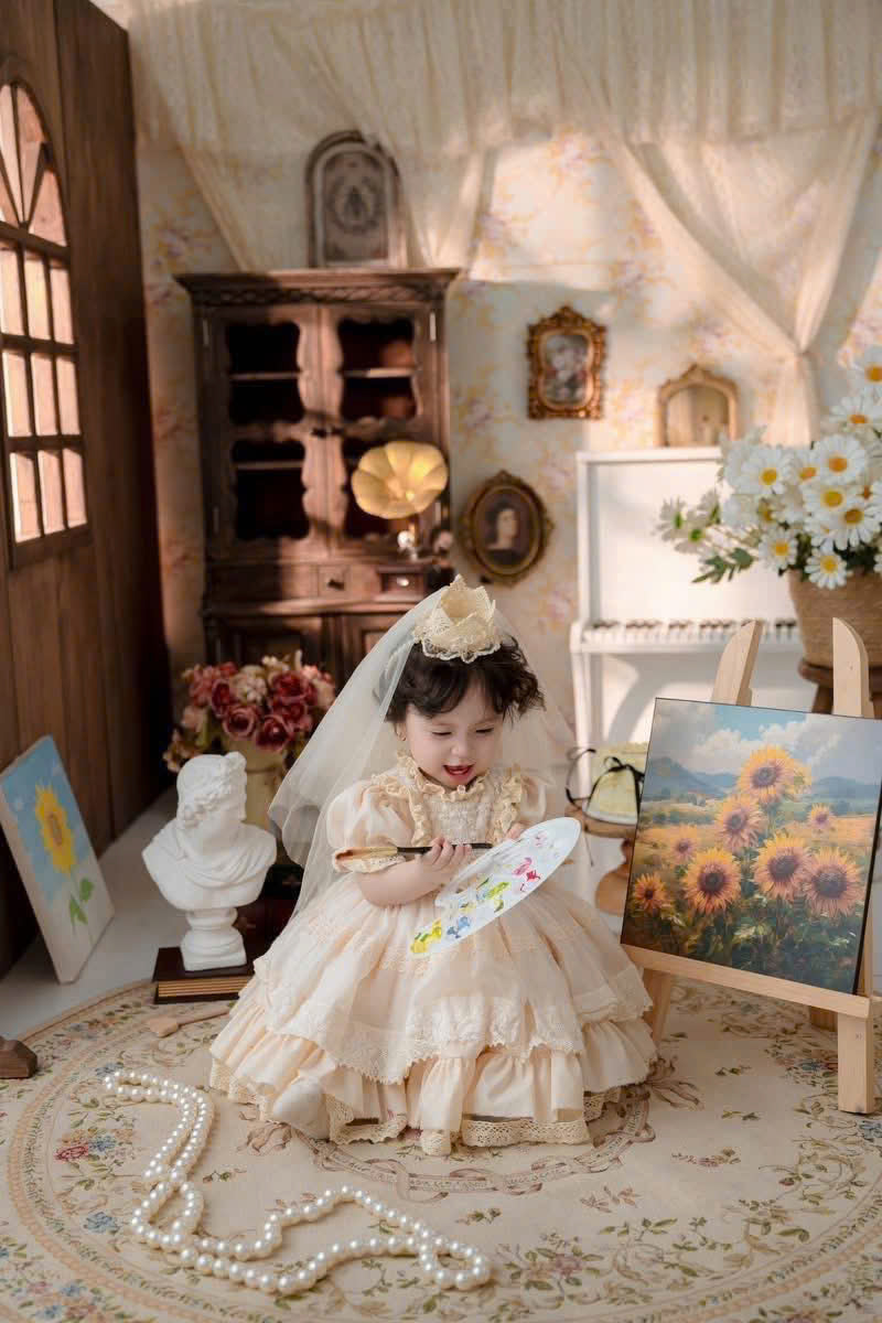 Golden Heirloom Princess Dress Set 1–6Y | Lace Ruffle Dress with Veil & Crown | Birthday & Photoshoot Outfit
