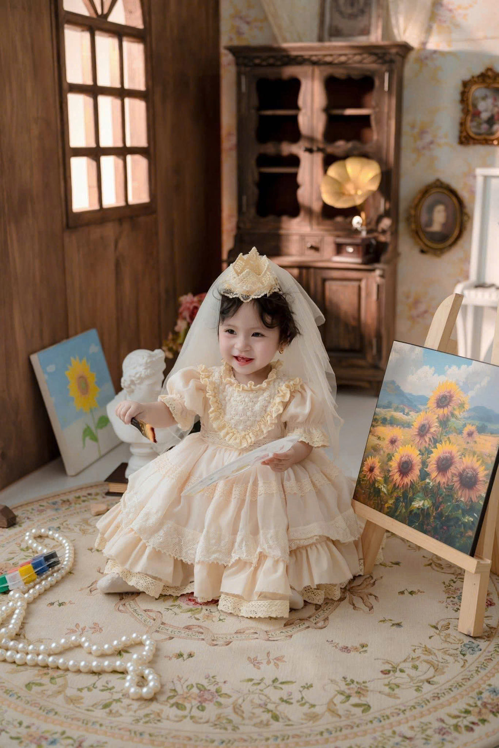 Golden Heirloom Princess Dress Set 1–6Y | Lace Ruffle Dress with Veil & Crown | Birthday & Photoshoot Outfit