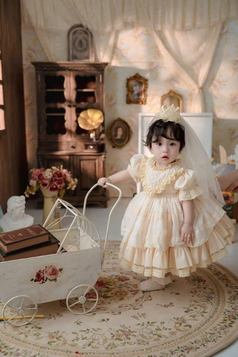 Golden Heirloom Princess Dress Set 1–6Y | Lace Ruffle Dress with Veil & Crown | Birthday & Photoshoot Outfit