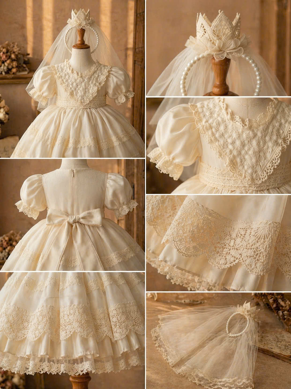 Golden Heirloom Princess Dress Set 1–6Y | Lace Ruffle Dress with Veil & Crown | Birthday & Photoshoot Outfit