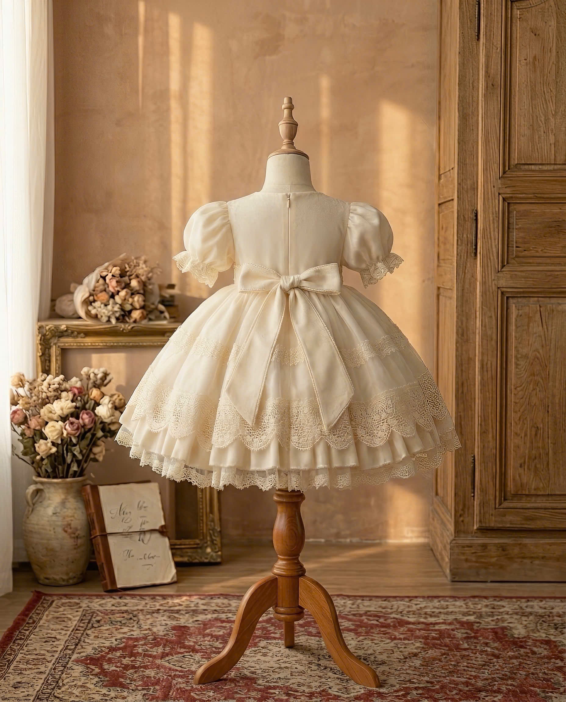 Golden Heirloom Princess Dress Set 1–6Y | Lace Ruffle Dress with Veil & Crown | Birthday & Photoshoot Outfit