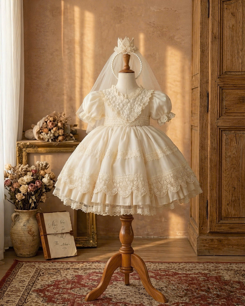 Golden Heirloom Princess Dress Set 1–6Y | Lace Ruffle Dress with Veil & Crown | Birthday & Photoshoot Outfit