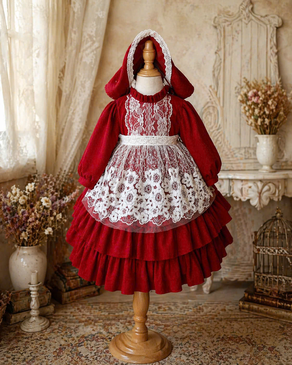 Red Riding Hood Inspired Dress – Vintage Lace Fairytale Outfit (1–6 Years)