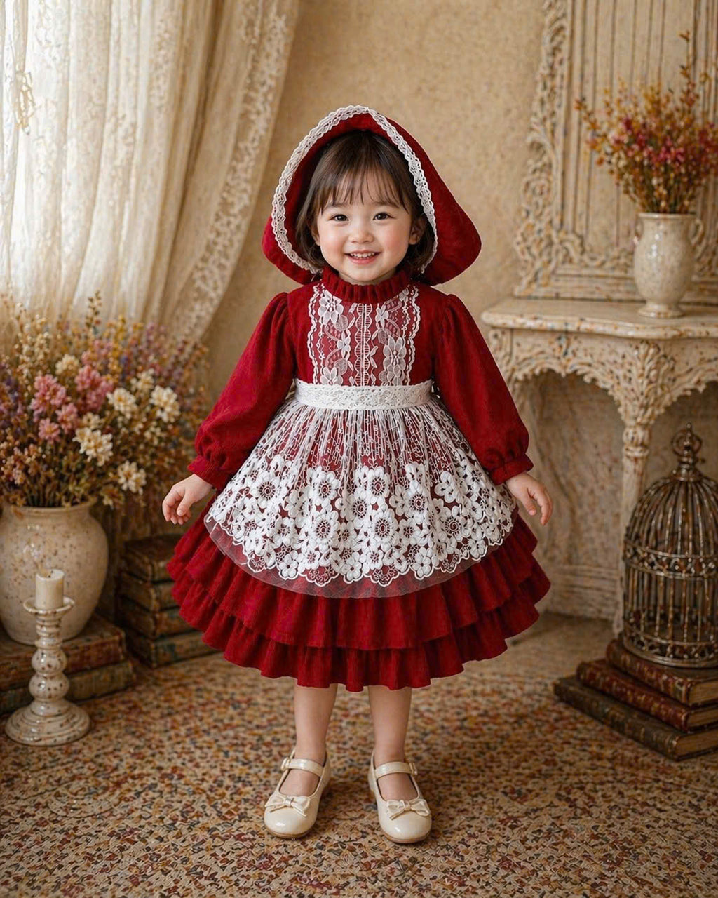 Red Riding Hood Inspired Dress – Vintage Lace Fairytale Outfit (1–6 Years)