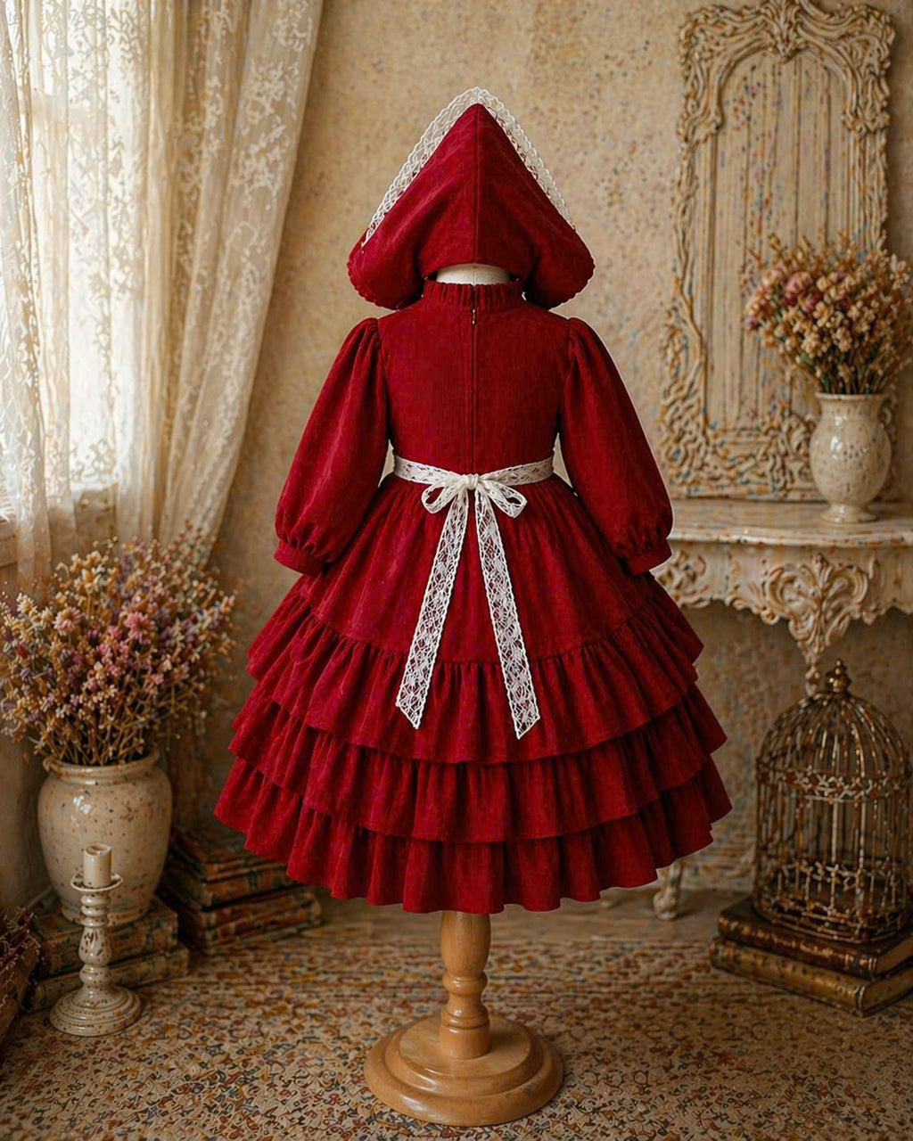 Red Riding Hood Inspired Dress – Vintage Lace Fairytale Outfit (1–6 Years)